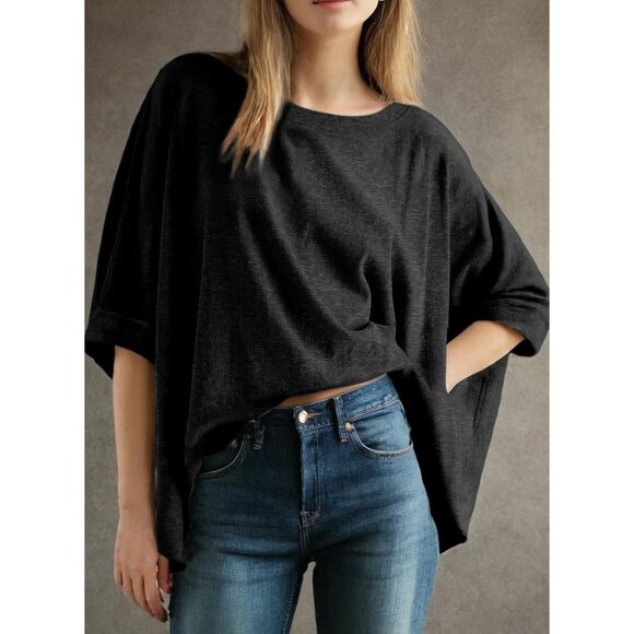 🆕 Women Black Dolman Sleeve Tops Loose Oversized Crewneck Flowy T Shirts Basic - Picture 2 of 5